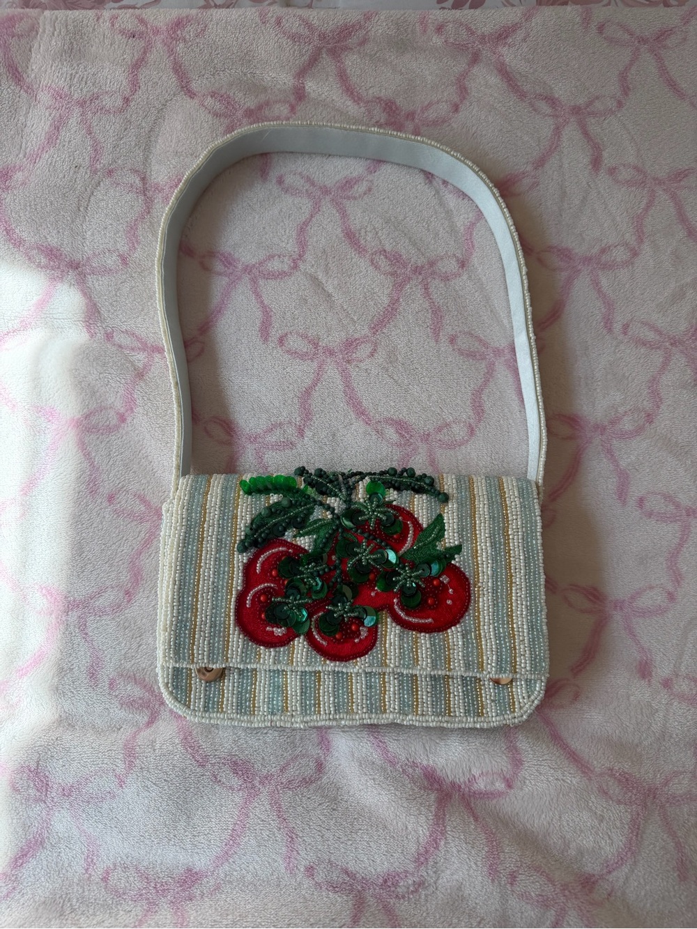 Beaded Cherry Crossbody Bag in White and Red
